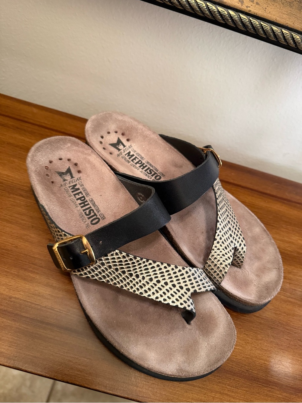 Mephisto Women's Black & Beige Snake-Print Toe-Post Sandals with Gold Buckle